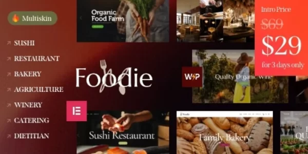 Foodie Food Wine Elementor Multiskin WordPress Theme 1.0 GPL Theme