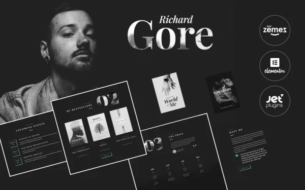 Richard Gore Stylish Writer Portfolio Template with Elementor Builder WordPress Theme 1.0.1 GPL Theme