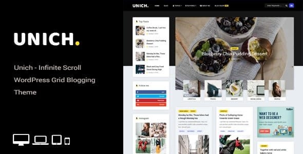 Unich Infinite Scroll WordPress Blogging Food Recipes Theme 1.4 GPL Theme